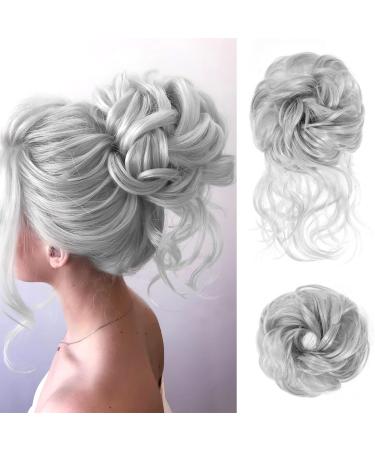 Hair Bun Extensions Hairpiece Hair Rubber Scrunchies Curly Messy Bun Wavy Curly Hair Wrap Ponytail Chignons Bridal Hairstyle Voluminous Wavy Messy Bun Updo Hair Pieces with Hair Rope and Hairpin Grey Hair Ring With Braid - Grey