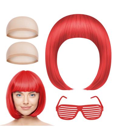 AOMIG Short Bob Wig for Women 4 Pack Short Red Bob Wigs Set with Sunglass and Wig Cap Neon Fancy Dress Accessory Cosplay Party Wig with Bangs Synthetic Straight Wig for Daily Halloween Decorations