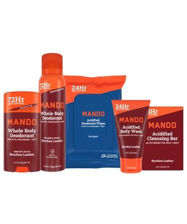 Mando Whole Body Starter Kit - 2.6oz Solid Stick 3.6oz Spray 1.5oz Acidified Body Wash 5oz Acidified Cleansing Bar 15ct Deodorant Wipes - Aluminum Free Odor Control - 5 pc Bundle (Bourbon Leather)