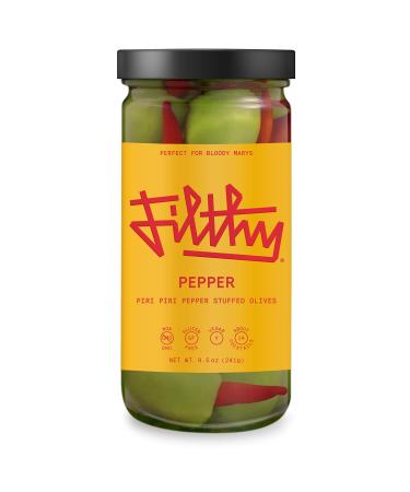 Filthy Pepper Stuffed Olives  Premium Cocktail Garnish - Non-GMO, Vegan & Gluten Free - 8.5oz Jar, 14 Olives. Pepper Stuffed Olives Jar - 14 Olives