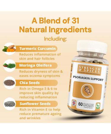 Strength & Spices Psoriaskin Supplement Immune System Booster with 31 Powerful Ingredients and Amino Acids Soothes Red Flaky Skin 1000 mg 60 Vegan Capsules - Buy Online on GoSupps.com