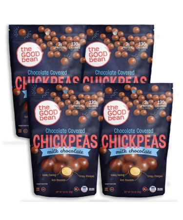 The Good Bean Chocolate Covered Chickpeas - Milk Chocolate - (4 Pack) 3.5 oz Resealable Bag - Crispy Chocolate Chickpea Beans - Chocolate Snack with Good Source of Plant Protein and Fiber Milk 3.5 Ounce (Pack of 4)