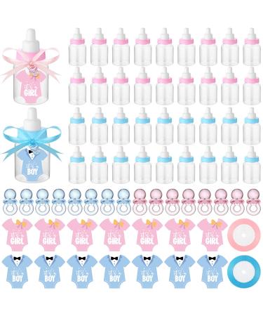 48 Set Gender Reveal Baby Shower Favors Baby Mini Milk Bottles Plastic Baby Milk Bottle 48 Pcs Mini Pacifiers Tiny Plastic Pacifiers 64 Pcs Gender Reveal Stickers Baby Shower Sticker and 2 Roll Ribbon