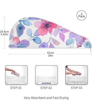 Watercolor Purple Flowers Hair Towel 2 Pack - Super Absorbent Quick Dry Turbans for Women & Girls - Buy Online on GoSupps.com