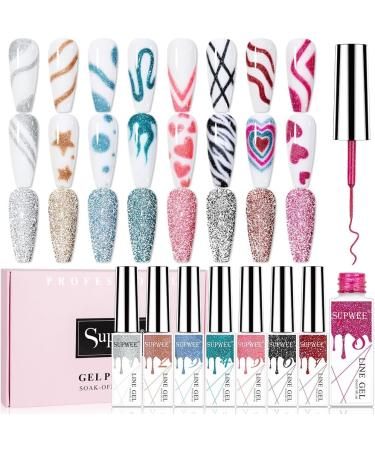 SUPWEE 8pcs Reflective Line Gel Nail Polish Semi-Permanent Glitter Nail Art Gel Soak Off UV/LED Gel Varnish Drawing Nail Design - (Color: BT) - Buy Online on GoSupps.com