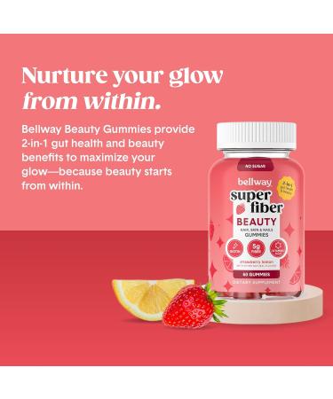 Bellway Super Fiber Gummies + Beauty Sugar Free Fiber Supplement with Biotin & Vitamins A C E Supports Digestive Health Skin Hair & Nails - 60 Count Strawberry Lemon - Buy Online on GoSupps.com