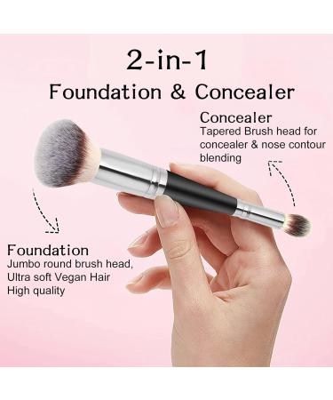 Makeup Brushes Dual-Ended Foundation Brush | Multifunctional Brushes Beauty Tools For Women Girls For Powder Liquid Concealer Cream Lencyh Black Handle Silver Tube - Buy Online on GoSupps.com