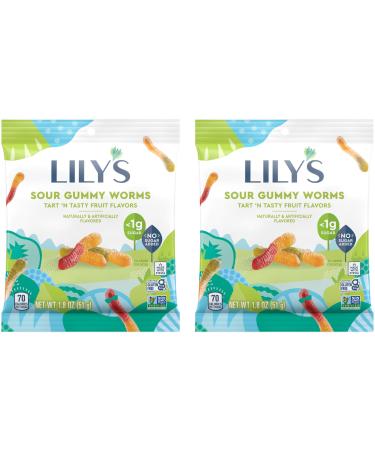 Lily's Assorted Fruit Flavored No Sugar Added Sour Gummy Worms Bag 1.8 oz (Pack of 2) Bundle With Snack Scout Lunch Bag