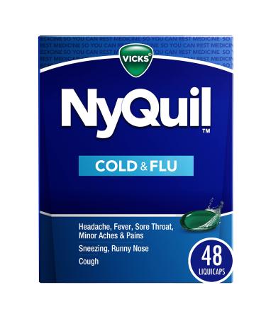 Vicks NyQuil Cold and Flu Relief Liquid Medicine Powerful Multi-Symptom Nighttime Relief for Headache Fever Sore Throat Minor Aches and Pains Sneezing Runny Nose and Cough 48 Liquicaps