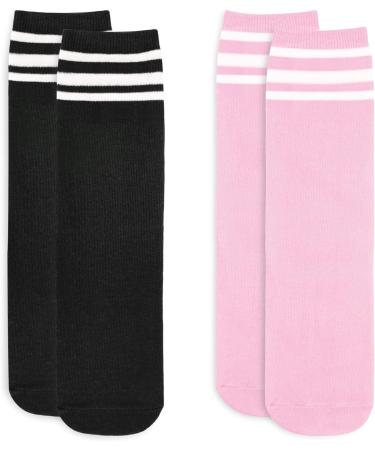 Olreco Toddler Soccer Socks - Kids Knee High Tube Socks with Stripes 3-6 Years - 2 Pack Black/White Pink/White - Buy Online on GoSupps.com