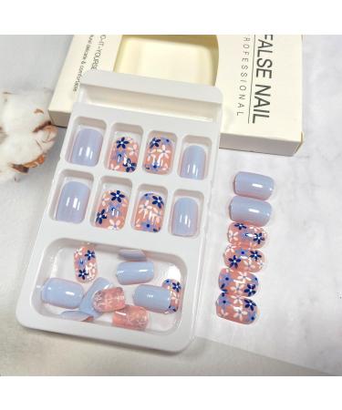 Blue Flowers Press on Nails - Short Square Light Blue Acrylic Full Cover - Glossy Floral Stick-On Nails for Women - 24PCS Spring-inspired Artificial Glue-On Nails - Buy Online on GoSupps.com