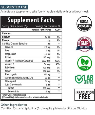 Parry Spirulina Tablets - Certified Organic 360 Tablets for Highest Nutrient Density, Non-Irradiated, 4 Organic Certifications - 90 Servings - Buy Online on GoSupps.com
