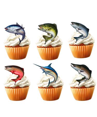 18pcs Fishing Cupcake Toppers for Boys Men Father Glitter Fish Cupcake Toppers Big Fish Fishing Cake Decorations Gone Fishing Party Supplies Decorations