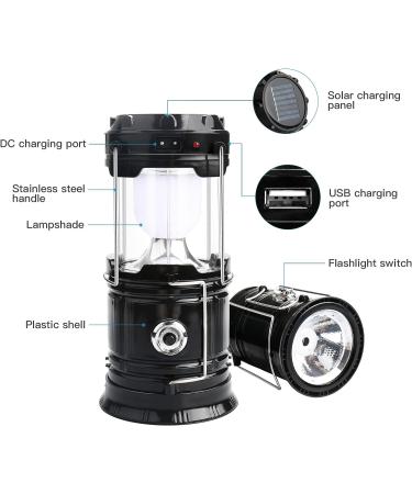 2 Pack Solar LED Camping Lanterns - Collapsible Rechargeable Flashlights for Emergency, Hurricane, Power Outages - Portable Survival Light for Hiking, Fishing - Black - Buy Online on GoSupps.com