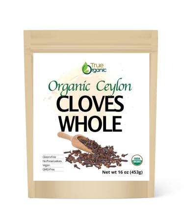 True Organic Ceylon Cloves Whole, 16 ounces Bulk Bag, USDA Organic & Kosher Certified, Non-GMO, Fresh Organic Cloves, Perfect for Baking, Cooking, Drinks, Teas & Beverages, Pure Ceylon Premium Quality  16 oz  1 Pound (Pack of 1)