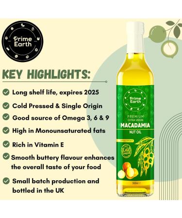 Prime Earth - Cold-Pressed Extra Virgin Macadamia Nut Oil - 1 x 500ml Bottle - Omega 3 6 & 9 - Plant Based - Keto - Paleo - Single Origin - Bottled in the UK  - Buy Online on GoSupps.com