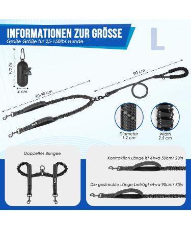 Eyein Double Linen Dog Leash for Large Dogs - Reflective Flexible & Padded Handles | 11-68kg (Black) - Buy Online on GoSupps.com