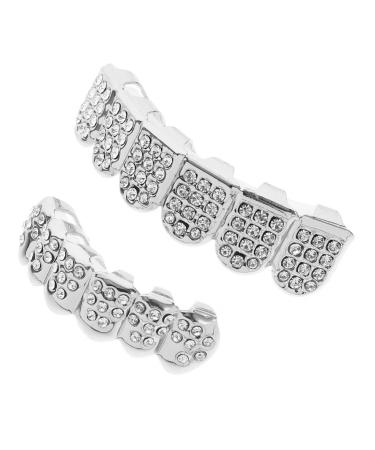 Gleavi gold decor 1 set of creepy false zone insertional rip-in teeth polished tooth grille vampire prosthesis upper and lower grill devil teeth n copper Czech drill cosplay silver 5x2x1cm