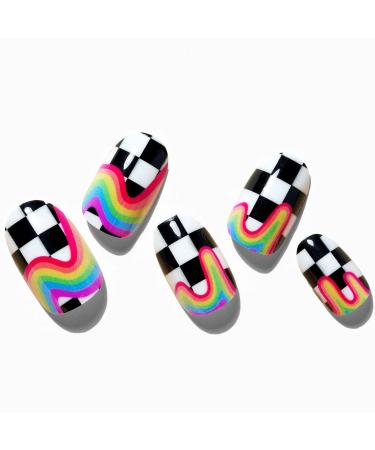 Press on Nails Medium Short Almond, 24Pcs Acrylic Oval Fake Nails with Checkerboard Rainbow Design Y2K Stick Glue on Nails for Women Reusable False Nail Tips with 48Pcs Adhesive Tabs Nail File, Cuticle Stick GLAMERMAID Mothers Day Gifts A2-Rainbow Chess