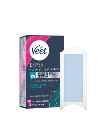Veet Expert Cold Wax strips bikini zone and armpits - wax strips for hair removal for all skin types including sensitive skin - 8 double strips 16 strips 16 pieces (1 pack)