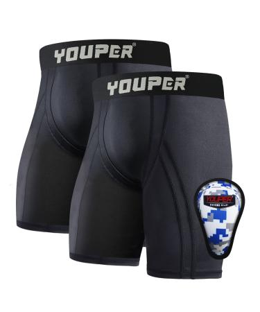 Youper Youth Boys Compression Sliding Shorts with Soft Protective Cup for Baseball Football Hockey (2-Pack) Black Large