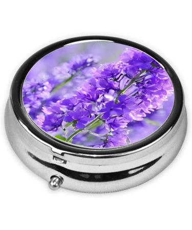 Purple Lavender Flowers Mini Round Pill Box | 3 Compartment Portable Organizer for Travel & Home - Buy Online on GoSupps.com