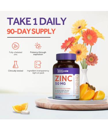 Whollium Zinc 50mg - Chelated for Skin Health & Immune Support - Vegan Formula - 90 Caps - Buy Online on GoSupps.com