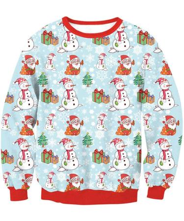 Bigfanshu Womans Fall Clothes 3D Print Christmas Long Sleeves O-Neck Pullover Sweatshirt Blouse Tops Light Blue - Buy Online on GoSupps.com