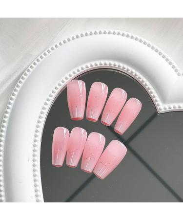 Buy Medium Coffin Press on Nails - Pink & White Gradient French Fake Nails | Glossy Full Cover Acrylic Nails for Women & Girls - 24Pcs - Buy Online on GoSupps.com