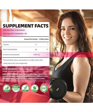 Creatine Monohydrate Gummies 5000mg - Muscle Strength & Energy Boost - 90 Count Strawberry Chewables for Men & Women - Pre-Workout Supplement - Buy Online on GoSupps.com