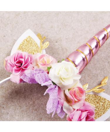 Nishine Unicorn Horn Floral Headband Glitter Ears Pony Head Bands Tiara for Girls Party Birthday Cosplay (Pink&Ivory) - Buy Online on GoSupps.com