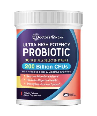 Probiotics for Women and Men, 200 Billion CFU 36 Strains, with Prebiotic Fiber & Enzymes, Restores Microflora Balance, Shelf Stable, Delayed Release, Ultra High Potency, No Soy Gluten Dairy, 30 Caps