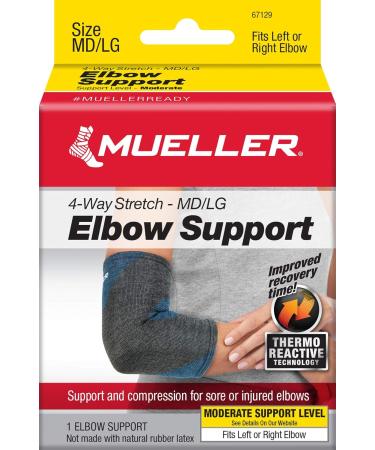 MUELLER 4-Way Stretch Elbow Support - Black & Blue Premium Knit with Thermo Reactive Technology | Medium/Large - International Shipping Available - Buy Online on GoSupps.com