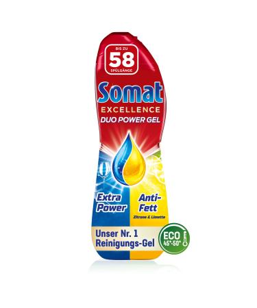 SOMAT Excellence Duo Power Gel (58 washing up) Riner to the dishwasher for bright clean dishes also in the ECO program & at low temperatures lemon & lime