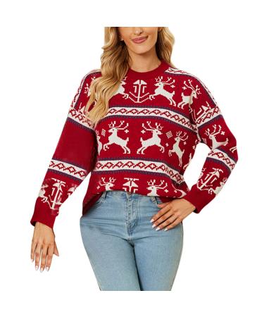 General ladies men's unisex Christmas sweater ugly long-arm knitting sweater with reindeer pattern round neck Christmas tree winter sweater Christmas sweater women hoody tops women autumn red-1 m m