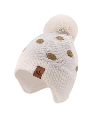 XIAOHAWANG Knitted Baby Hat Winter Warm Boys Girls Beanie Fleece Lining Toddler Kids Hat with Pompom 2-4 Years Beige Dot Hat