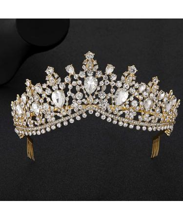 Minkissy Women's Tiara with Comb | Crystal Crown Headband for Bridal & Princess | Elegant Gold & White Rhinestones - Buy Online on GoSupps.com