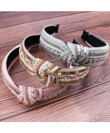 TOBATOBA 3 Pack Rhinestone Pearl Beaded Knotted Headbands for Women - Boho Style Wide Turban Headbands with Crystal Detailing - Non-Slip Diamond Beaded Hair Bands - Buy Online on GoSupps.com