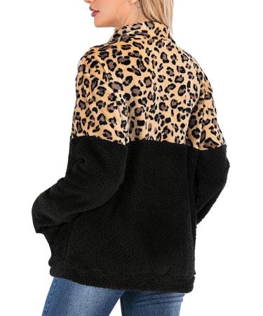 Bigfanshu Womens Sweaters Casual Winter Warm Long Sleeve Stitching Leopard Plush Blouse Top Black - Buy Online on GoSupps.com