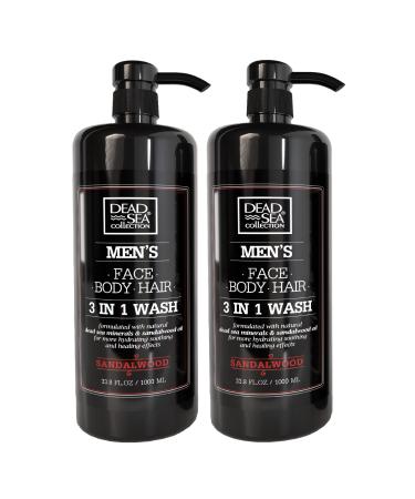 Dead Sea Collection Mens Body Wash - Pack of 2 (67.6 Fl. Oz) - Sandalwood 3 in 1 Body Wash for Men - Face Wash for Men with Shower Gel for Men and Shampoo for Men to Keeping You Feeling Fresh & Cool