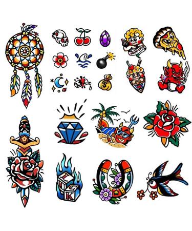 PUSNMI 10 Sheets Traditional Temporary Tattoos for Women Men Old School Rose Swallow Joker Tattoos Halloween Tattoos for Party Festival Club