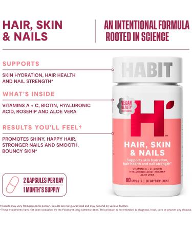 Habit Hair, Skin & Nails Supplement 2 Pack (120 Capsules) - New Look, Supports Skin Hydration, Hair & Nail Strength, Biotin 2000mcg, Vitamin A & C, Hyaluronic Acid, Rosehip, Vegan, Non-GMO Dual Pack - Buy Online on GoSupps.com
