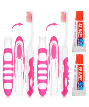 Nuen 2 pieces portable soft toothbrushes travel toothbrush foldable camping toothbrush with soft bristle mini foldable travel toothbrush with toothpastes for adults (pink foldable) foldable pink