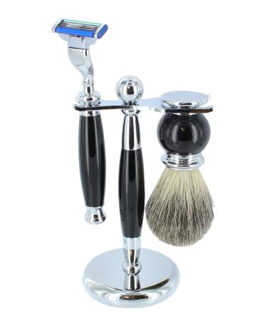 Complete 5Pc Classic Shaving Kit for Mens 3 Edge Razor Black Badger Hair Brush Bowl Soap and Alum