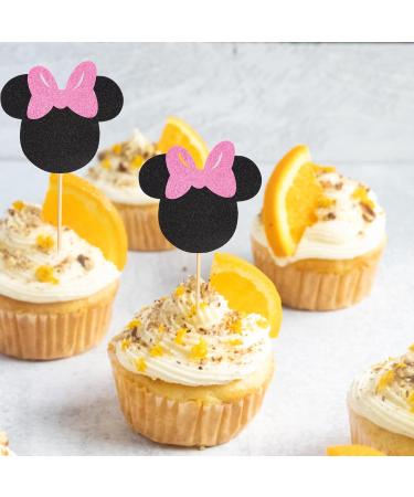 Arthsdite 24Pcs Mouse Inspired Cupcake Toppers with Pink Bow Black Glitter Mouse Cake Decorations for Baby Shower Wedding Kids Birthday Party Cake Decorations Supplies - Black Glitter - Buy Online on GoSupps.com
