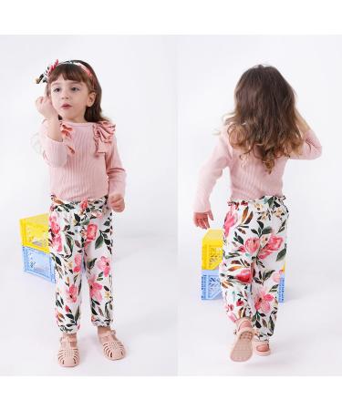 OFIMAN Toddler Baby Girl Outfits Set | Long/Short Sleeve Ruffle Tops + Floral Pants + Bow Headband | 4-5 Years | Fall | Long Pink - Buy Online on GoSupps.com