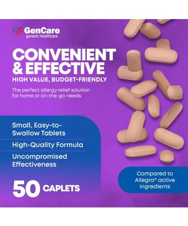 GenCare - Allergy Relief Pills | Fexofenadine HCl 180mg 50 Tablets | Non Drowsy Antihistamine Allergy Pills for Hay Fever Seasonal Allergies Outdoor & Indoor Allergies | Relieves Itchy Eyes & Nose 50 Count (Pack of 1) - Buy Online on GoSupps.com