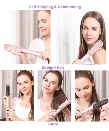 Ionic Hair Straightener Brush & Curler 2-in-1 | Fast Heating Anti-Scald 5 Temp Settings | Perfect for All Hair Types - Pink - Buy Online on GoSupps.com