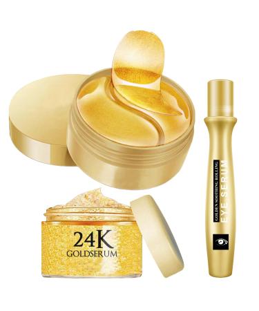 Under Eye Patches Under Eye Serum 24K Gold Eye Cream Eye Masks for Puffy Eyes & Dark Circles Bags Under Eyes Treatment Improve Under Eye Bags Fine Lines and Wrinkles Eye Skincare Set - 3Pcs