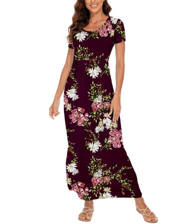 YUNDAI Womens Maxi Dress Summer Maternity Casual Short Sleeve Floral Loose Long Dresses Plus Size Ladies Dress with Pocket 03-Short Sleeve M B10 Floral Wine Red